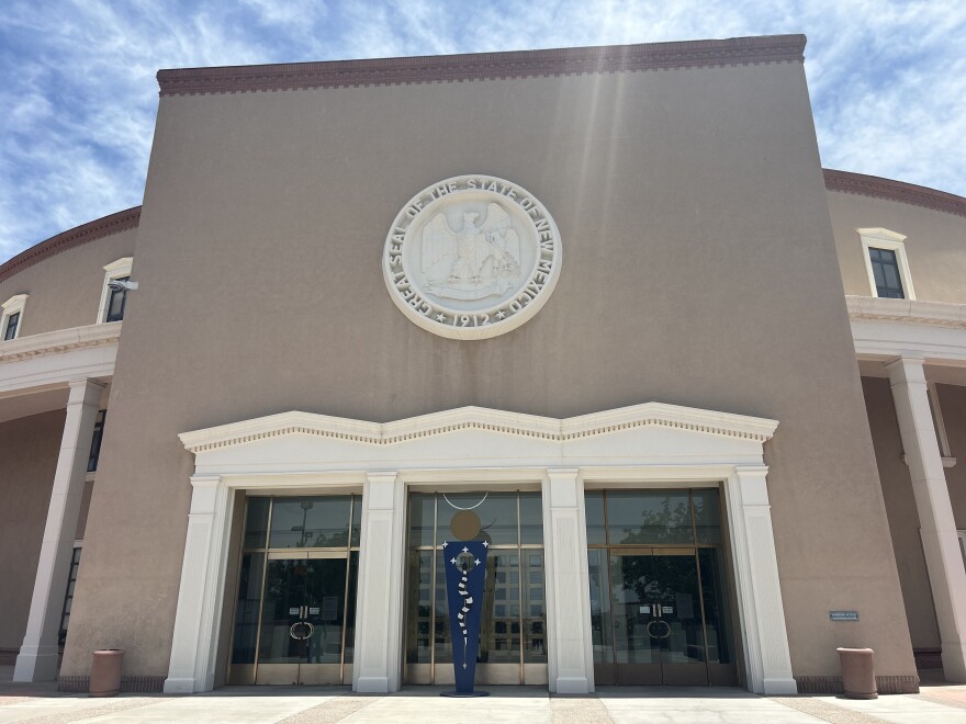 The front doors of the New Mexico Roundhouse, home to the state Legislature, in Santa Fe.