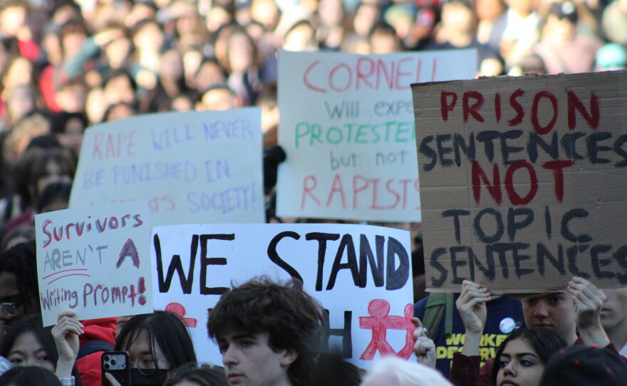 A large crowd gathered on Cornell’s campus Monday afternoon to show support for a Cornell student, known as Jane Doe, who alleges she was raped by fraternity members on campus in 2024.
