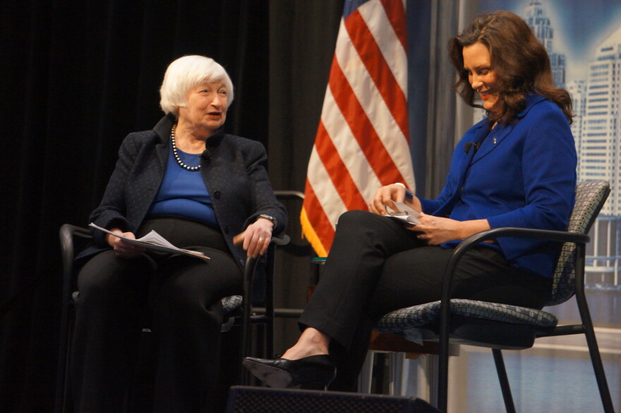 U.S. Treasury Secretary Janet Yellen and Michigan Governor Gretchen Whitmer (D) interview each other at an event before the Detroit Economic Club.