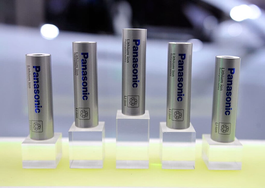 Lithium-ion batteries are displayed  at the Panasonic booth during the 2015 International CES at the Las Vegas Convention Center on January 6, 2015 in Las Vegas, Nevada. (David Becker/Getty Images)