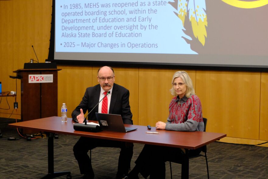 Education Commissioner Deena Bishop (right) and David Langford, superintendent of Mt. Edgecumbe High School, give a presentation to the Alaska State Board on recent issues with students disenrolling, maintenance, and personnel and budget changes on Mar. 10, 2026.