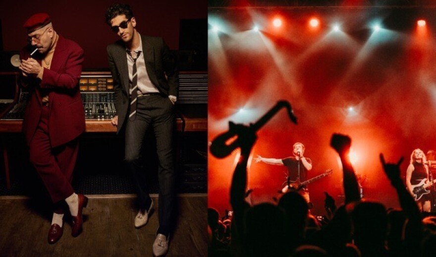 Chromeo poses in a recording studio on the left, while The Midnight performs live on the right.