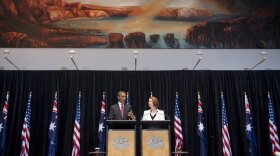 Australian Prime Minister Julia Gillard and President Obama hold a joint news conference in Australia on Wednesday. The U.S. is sending some 250 U.S. Marines to the country next year, a number that will later grow to 2,500.