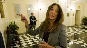 House minority leader Del. Eileen Filler-Corn, D-Fairfax, gestures as she enters a meeting of the Virignia Democratic Legislative Caucus at the Capitol Wednesday, April 27, 2022, in Richmond, Va.