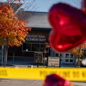 Makeshift memorial in front of Silver Rail Elementary School in Bend, Ore., on Oct. 16, 2026.