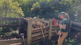 A woman stands at a compost pile.