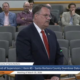 Santa Barbara County Sheriff Bill Brown presenting county-wide overdose data to the Board of Supervisors Tuesday.