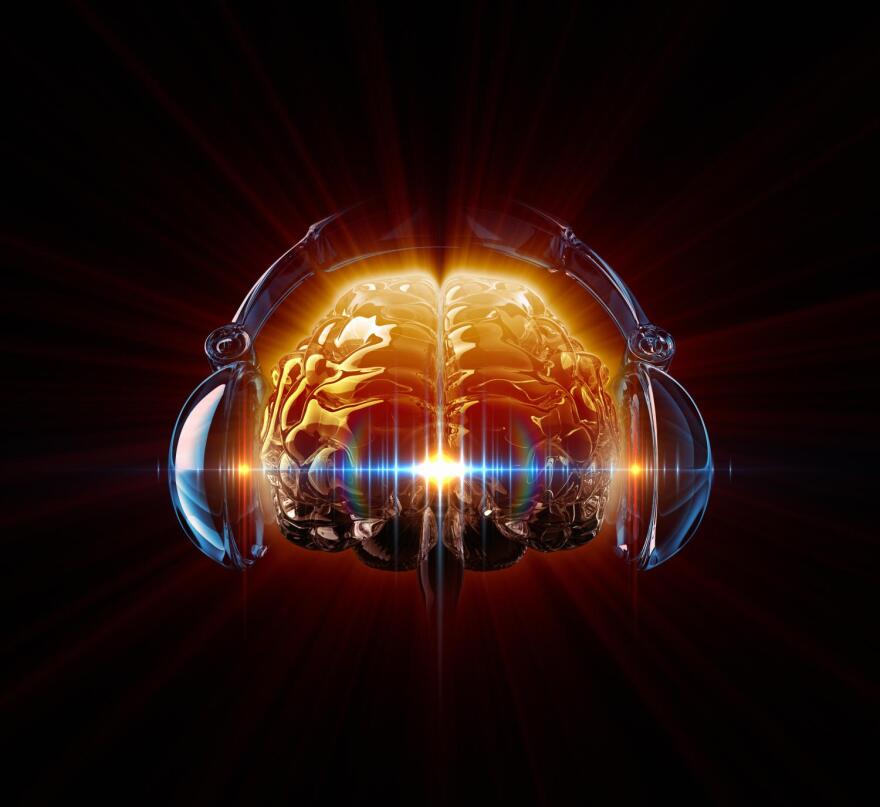 brain with headphones