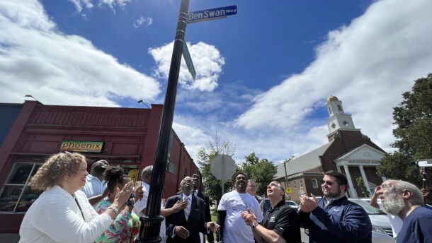 Local leaders cheering as signage for Ben Swan Way went up back in 2022 where State Street meets Wilbraham Road and Eastern Avenue in Springfield.