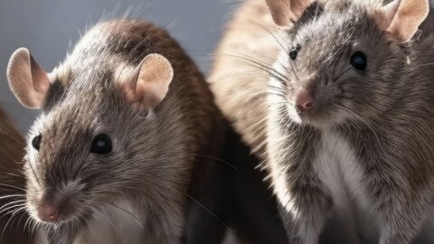 Close up of two rats, with pretty fluffy fur and their whiskers backlit by the sun. 