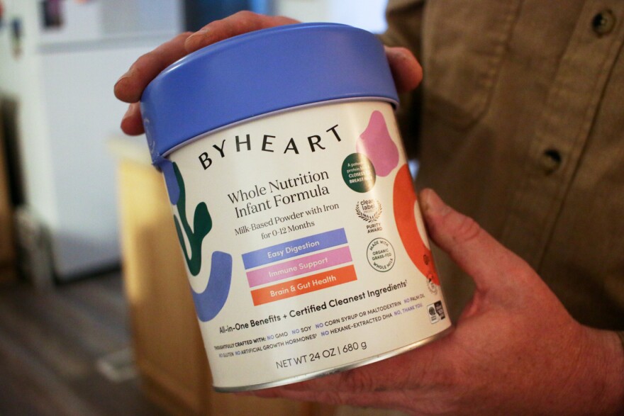 FILE - A container of ByHeart baby formula, which was recently recalled by ByHeart, in Flagstaff, Ariz., on Wednesday, Nov. 12, 2025. (AP Photo/Cheyanne Mumphrey, File)