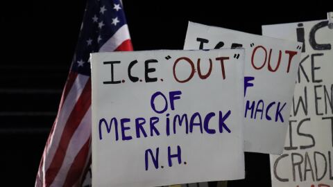 Protesters outside Merrimack Town Hall in Merrimack, New Hampshire, on Jan. 8, 2026 to oppose a proposed Immigration and Customs Enforcement detainee facility in town.