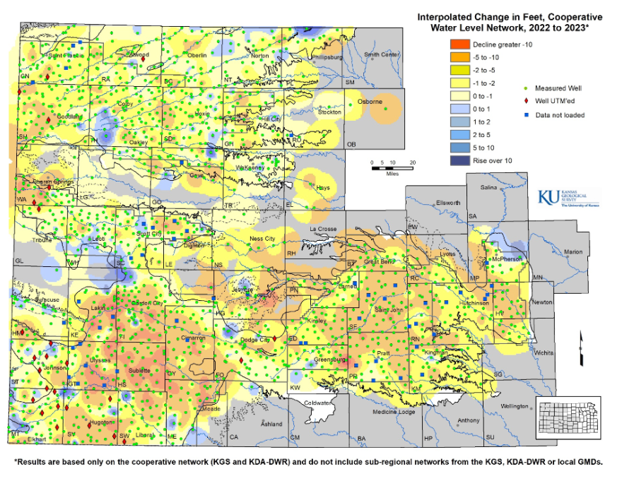 This map from the Kansas Geological Survey shows how much the aquifer declined in the past year, based on provisional data. Areas shaded orange saw their water levels drop by more than five feet in one year.