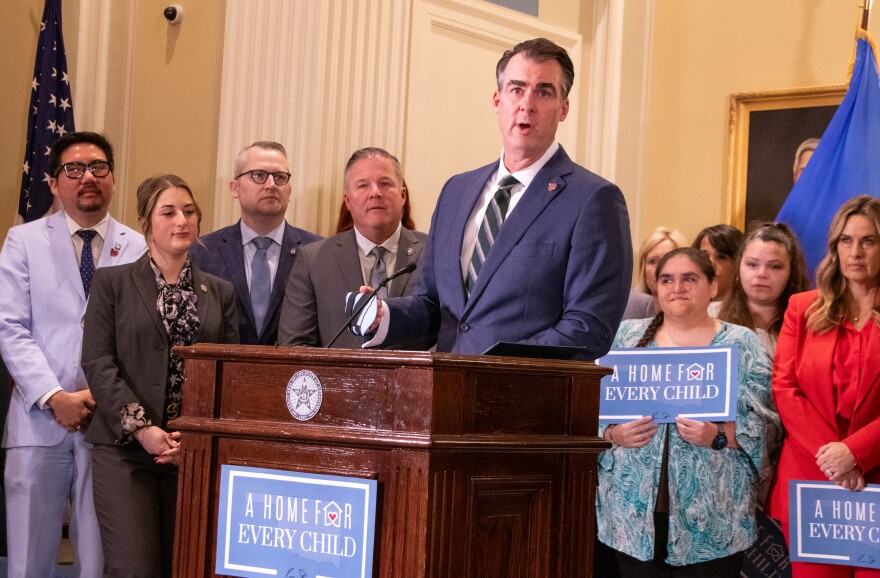 Oklahoma Gov. Kevin Stitt speaks during a Wednesday press conference on the federal “A Home for Every Child” initiative.