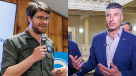 Split screen of William Lawrence and Tom Barrett speaking at events