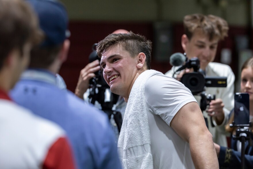 Quarterback Ty Simpson talks with the media during Alabama's NFL football pro day, Wednesday, March 25, 2026, in Tuscaloosa, Ala. (AP Photo/Vasha Hunt)