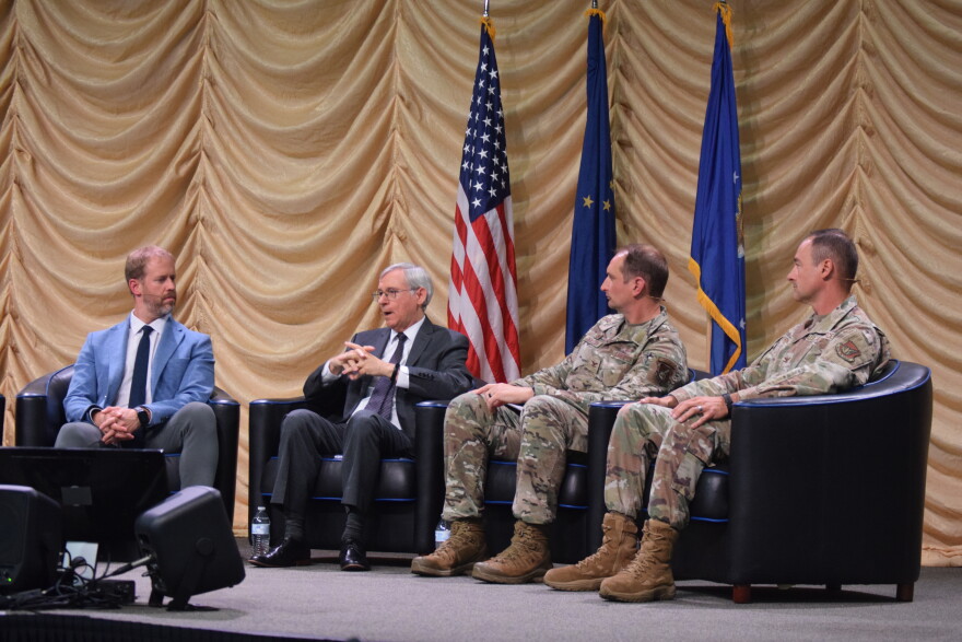 Alaska Defense Forum participants discuss community needs across Alaska and their connections to military readiness. From left to right: Fairbanks North Star Borough Mayor Grier Hopkins, Deputy Assistant Secretary of the Air Force Robert Moriarty, Eielson Air Force Base Commander Col. Matthew Johnston, and Joint Base Elmendorf-Richardson Commander Col. David Werner.