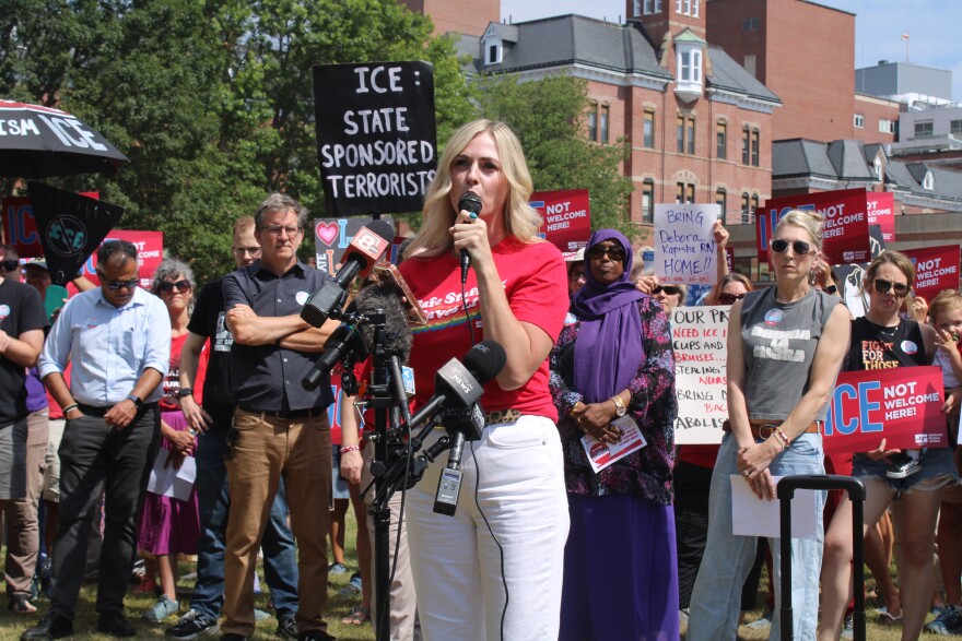 Maine State Nurses Association co-president Kelli Brennan speaks at a press conference and rally outside Maine Medical Center in Portland on Wednesday, Aug. 5, 2026.