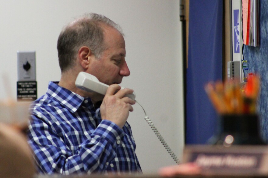 Soldotna High School Principal Chip Abolafia welcomes students on the first day of school on Wednesday, Aug. 21, 2024 in Soldotna, Alaska.
