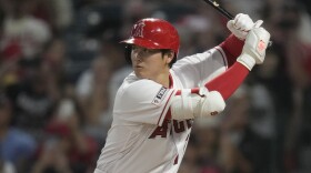 Los Angeles Angels' Shohei Ohtani (17) waits for a pitch during a baseball game against the Kansas City Royals in Anaheim, Calif., Friday, April 21, 2023. (AP Photo/Ashley Landis)