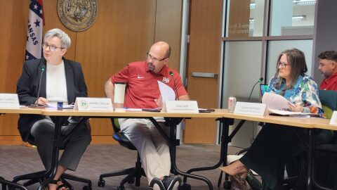 From left: Arkansas State Library Director Jennifer Chilcoat, State Library Board Chairman Clay Goff and board member Lynlee McMillan listen to discussion of proposed rules for libraries to receive state funding at the board’s quarterly meeting on May 8, 2026.
