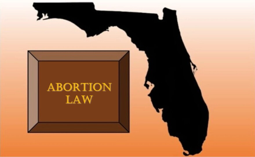 Illustration of a black silhouette of Florida next to a brown plaque bearing the words “ABORTION LAW” in gold lettering, against an orange gradient background.