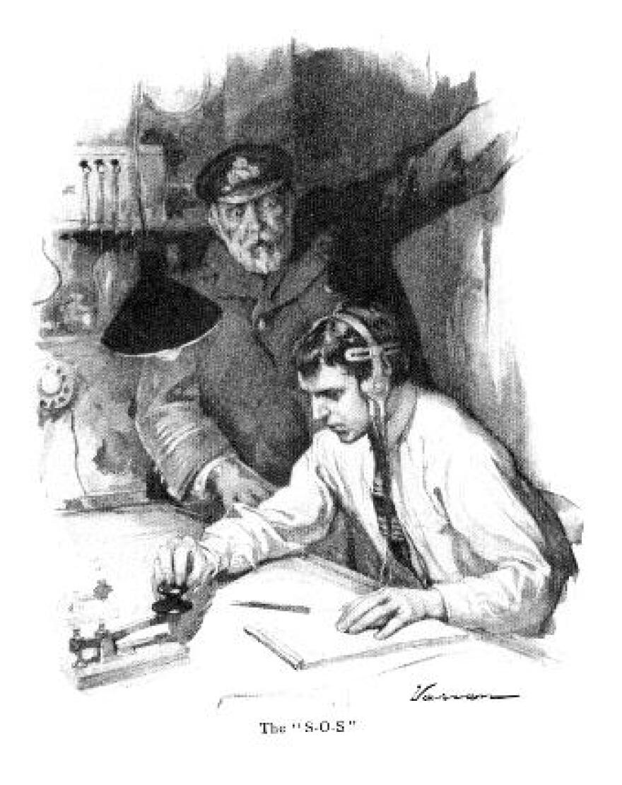 A radio operator on a sinking ship, with the captain behind him.