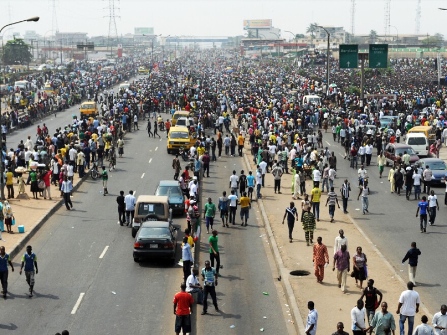 Thousands of protesters gather at a park in Lagos on Wednesday to protest the higher prices brought on by the removal of fuel subsidies.