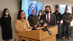 Maureen Regan speaks at a news conference with Hampden District Attorney Anthony Gulluni and family members of murder victims to urge a change in the law that currently allows inmates serving life sentences to be considered for medical parole.