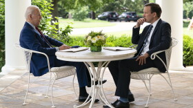 FILE - President Joe Biden meets with Sen. Chris Murphy, D-Conn., about gun control outside the Oval Office of the White House, June 7, 2022, in Washington. Murphy has been the Senate’s leading advocate for stronger gun control since the massacre of 20 children at a school in Newtown, Connecticut in 2012. “There has been a thirst from voters, especially swing voters, young voters, parents, to hear candidates talk about gun violence, and I think Democrats are finally sort of catching up with where the public has been,” said Murphy. (AP Photo/Evan Vucci, File)