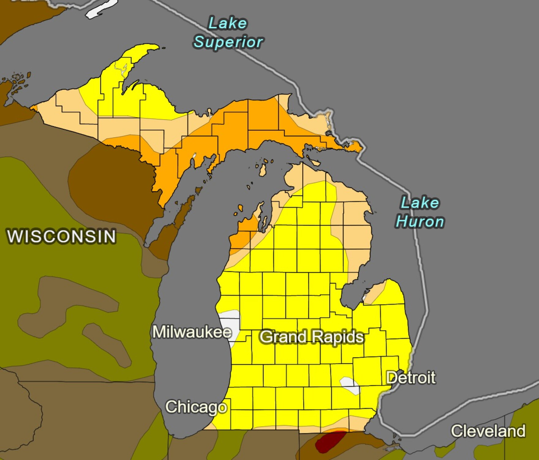 Michigan Disaster Map Increased risk of wildfires in Michigan due to windy and dry conditions
