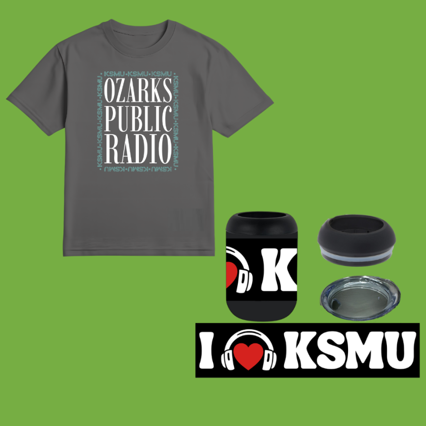 Navy blue stainless steel water bottle with white KSMU graphic against green background.