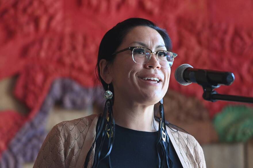 Rep. Tiffany Zulkosky, D-Bethel, who sponsored HB 123, an Act providing for state recognition of federally recognized tribes, spoke to the crowd gathered at the Alaska Native Heritage Center to witness Gov. Mike Dunleavy sign the bill into law on Thursday, July 28, 2022.