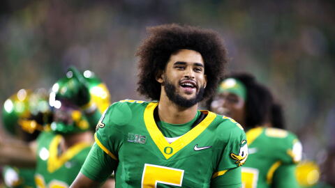 Oregon quarterback Dante Moore (5) dances to "Shout" during the second half of an NCAA college football game against Portland State, Friday, Sept. 18, 2026, in Eugene, Ore.