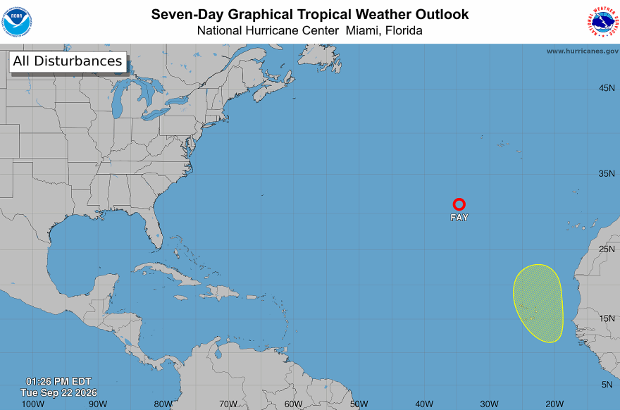 Current NOAA map showing the quiet Atlantic on Sept. 22, 2026.