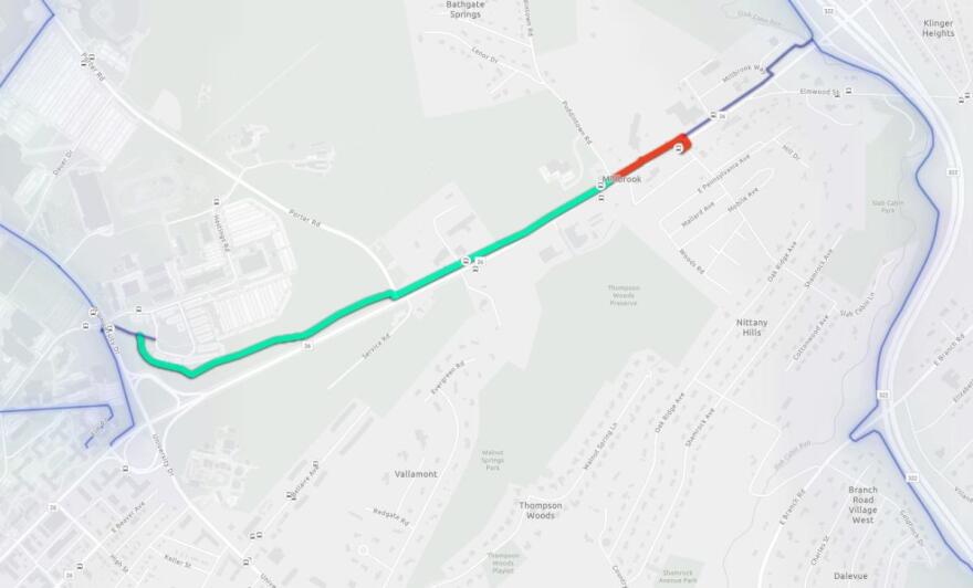  map showing where the bike and pedestrian path would run along East College Avenue in State College