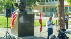 Professor Mohan Dangi speaks at a vigil in the Fresno State Peace Garden on Sept. 3, 2026.