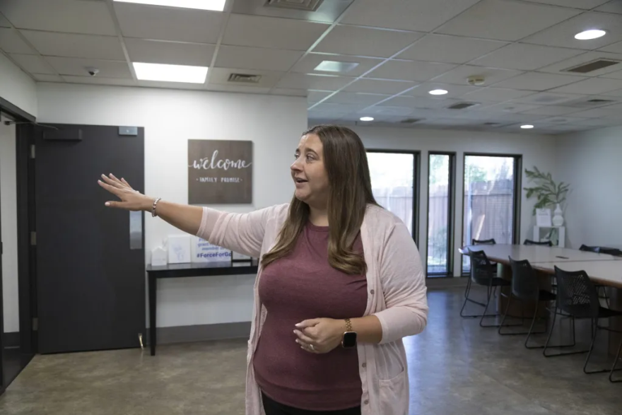 Beth Schafers, director of development and community engagement, explains how the Family Promise office is used for familiies in their program.