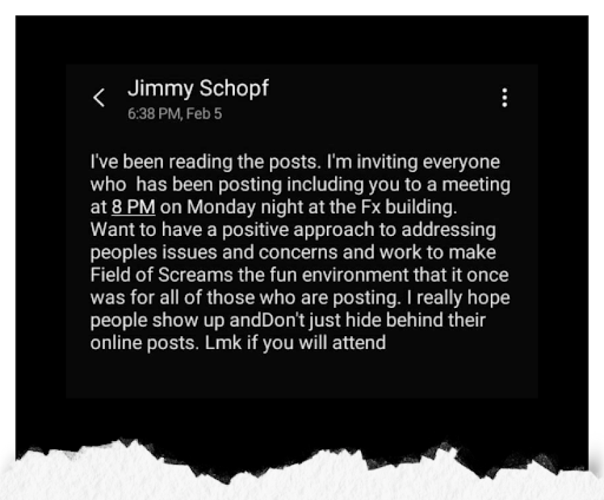 A screenshot of a text message from Field of Screams owner Jim Schopf, inviting volunteers to a meeting to discuss claims of abuse by staff. (Text message provided by a former Field of Screams volunteer)