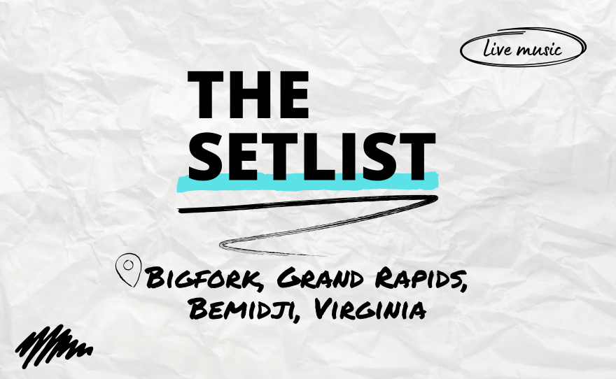 "The Setlist" and "Bigfork, Grand Rapids, Bemidji, Virginia" written over a crumpled paper background.
