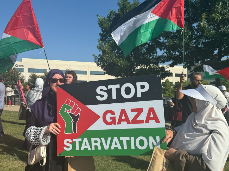 A group of people carry red, white, black and green flags and two people hold a sign saying “stop gaza starvation.”