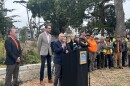 Joel Engardio addresses a crowd in the Sunset announcing new funding.