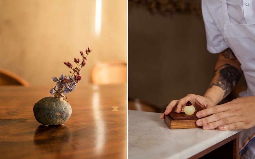 Table decor at Atelier Crenn (left). Chef Crenn's amuse-bouche take on the classic Kir Breton, a French cocktail (right).