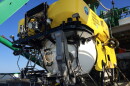 The Pisces V submersible sits on the deck of a research vessel during an expedition to previously unexplored seamounts off the coast of Hawaiʻi Island on Sept. 8, 2016.