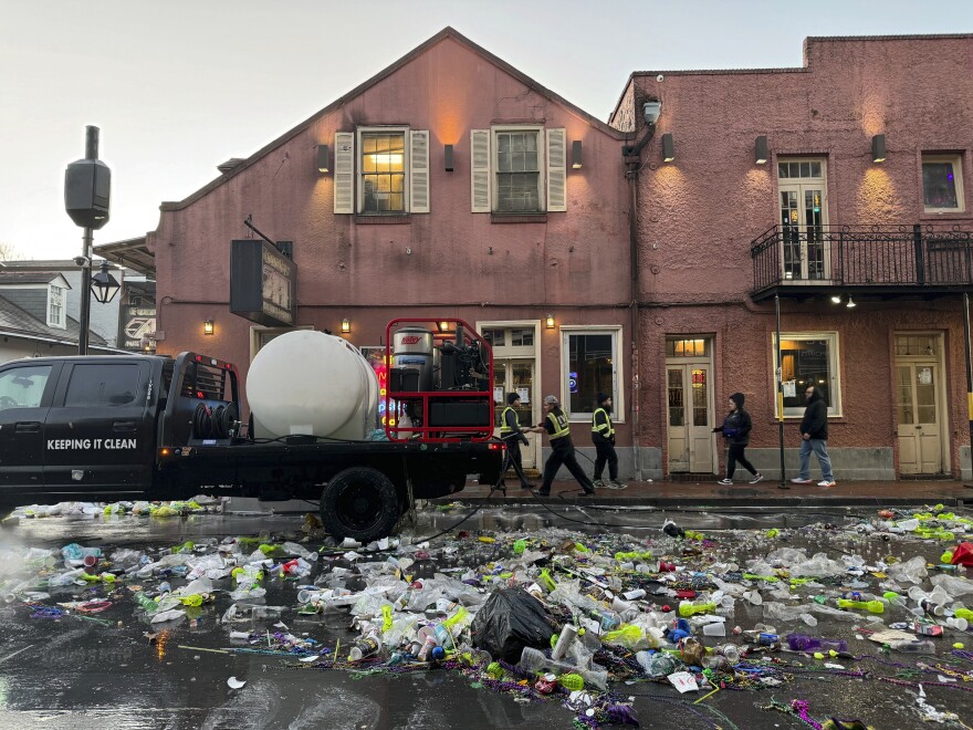 FILE - Waste from Mardi Gras awaiting collection in the French Quarter of New Orleans, on Ash Wednesday, March 5, 2025. 