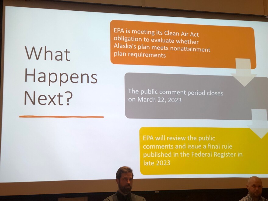 A slide displayed on screen during the EPA hearing shows the time for action on the state air quality plan.
