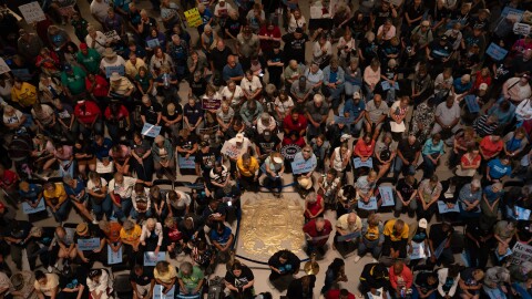 Thousands gather to protest the Missouri legislature's efforts to redraw congressional maps to favor the GOP and amend the initiative petition process on Sept. 10 at the state Capitol in Jefferson City.