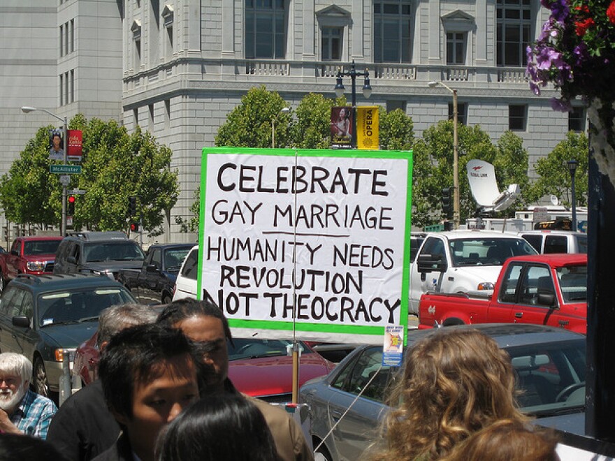 A sign supporting gay marriage in California on the first day same-gender couples could legally marry there.
