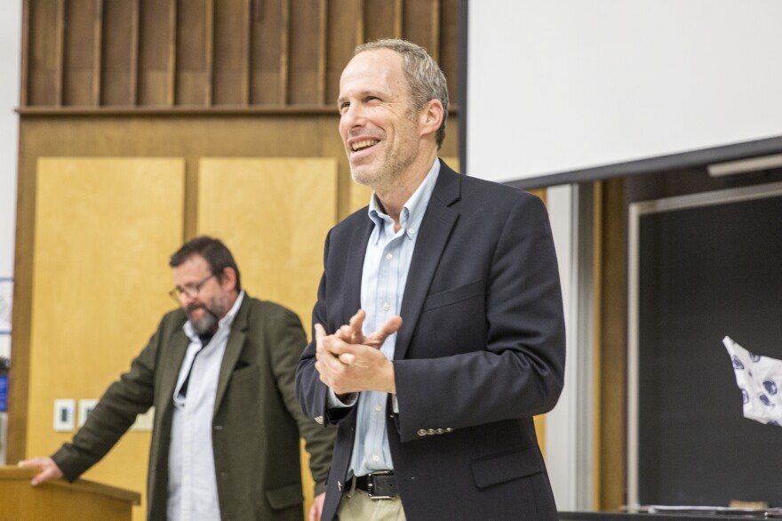 Boaz Dvir spoke to the crowd at the rough cut screening of his upcoming documentary film, Cojot, on Penn State's University Park campus in April. He was joined by actor Judd Nelson, who narrated the film.