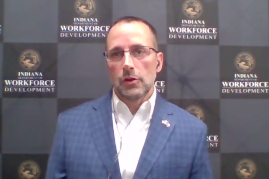 Darrel Zeck, executive director of Indiana's Office of Work-Based Learning and Apprenticeship, speaks at an online press conference.